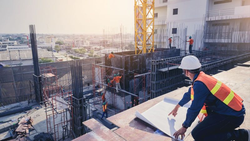 Ein Mann mit Schutzhelm und warnweste kniet auf dem Dach eines Neubaus. Er betrachtet das geschehen auf der Baustelle während er vor sich einen großen Plan ausbreitet.